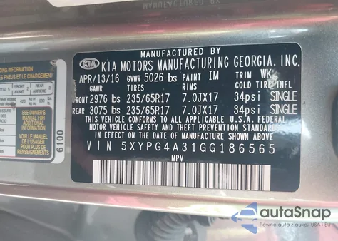 2016 Kia Sorento 2.4L L from USA, damaged, VIN 5XYPG4A31GG186565